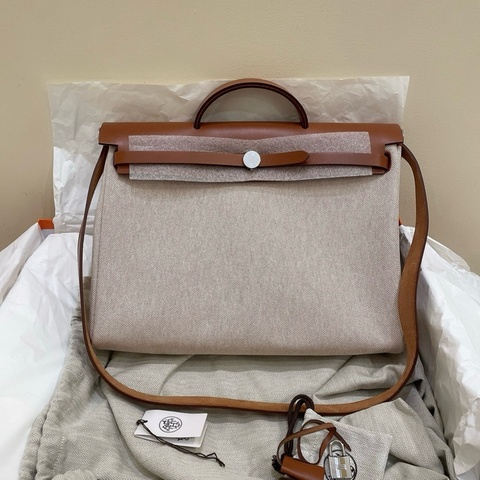 HERMES愛馬仕 Herbag 39 帆布拼Hunter牛皮 單肩斜挎手提包 銀扣 男女同款情侶款