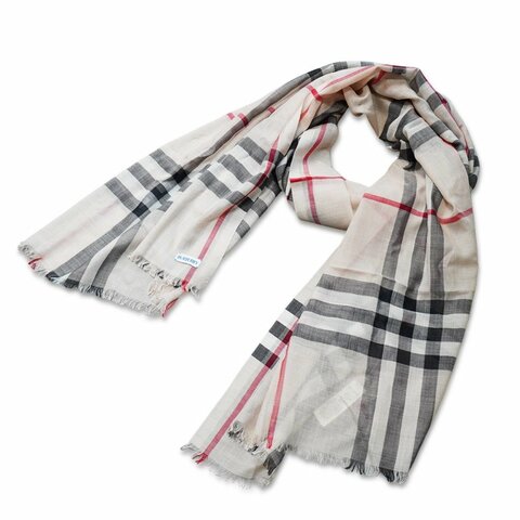 Burberry 寬版格紋羊毛絲質圍巾(80787821-米色)
