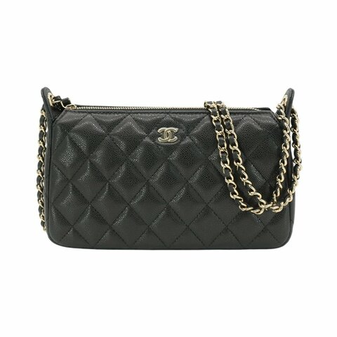 Chanel 金雙C粒紋牛皮金鍊兩用斜背包(AP4704-黑)