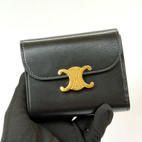 CELINE 黑色牛皮TRIOMPHE三折式短夾