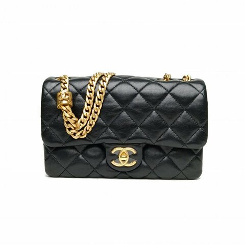 CHANEL 黑色羊皮晶片金扣22K黑金鳳梨扣風琴包口蓋包肩背包