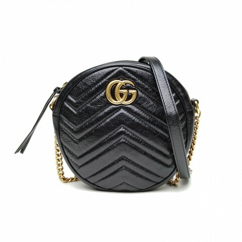 GUCCI GGMarmont圓餅包Mini羊角扣黑色牛皮金扣肩背包