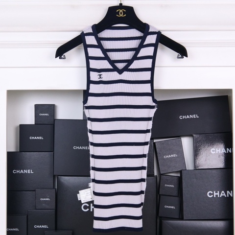 Chanel 98年蓝紫条纹针织V领背心上衣外套