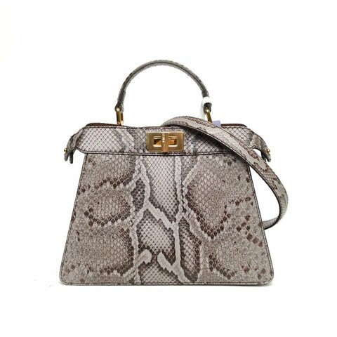 FENDI 蛇皮金扣PeekabooISeeU小號瀝青灰拼森林棕肩背包