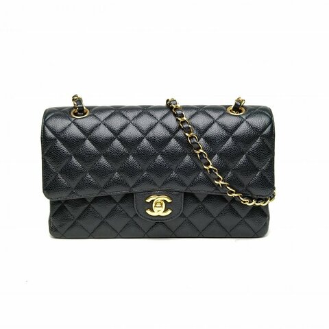 CHANEL CF口蓋包中號黑色荔枝牛皮25開金扣肩背包
