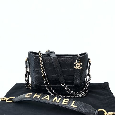 CHANEL/香奈兒黑金流浪鱷魚壓紋單肩斜挎包