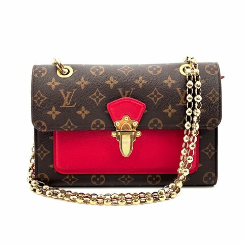 LV/路易威登維多利亞老花拼紅色中號單肩斜挎鏈條包