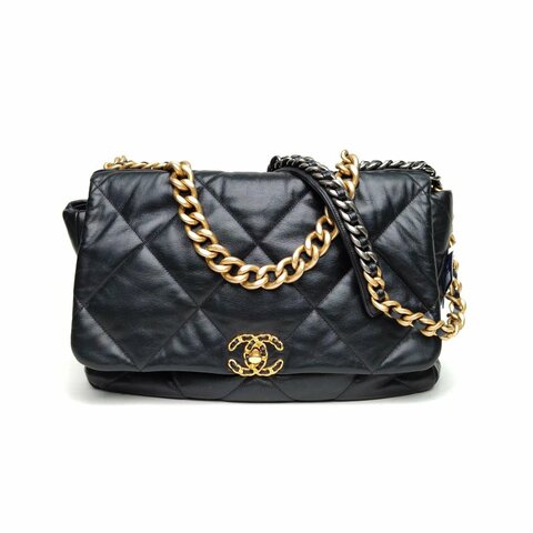 CHANEL 19BAG口蓋包Maxi黑色羊皮29開金銀扣肩背包