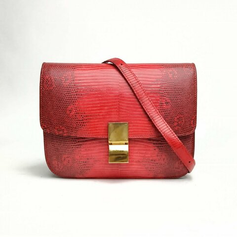 CELINE ClassicBox中號紅色蜥蜴皮金扣肩背包