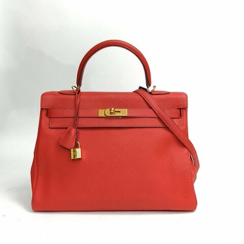 HERMES Kelly35S5番茄紅Togo皮X刻金扣肩背包