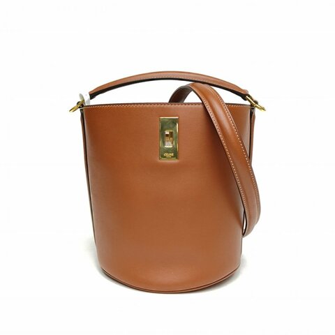 CELINE Bucket水桶包Teen小號褐色牛皮金扣肩背包