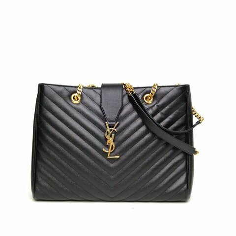 SAINT LAURENT 黑色荔枝牛皮金扣V紋信封單肩托特包肩背包