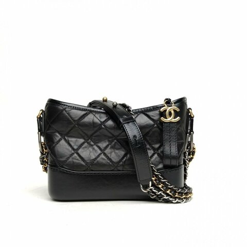 CHANEL GABRIELLE流浪小號黑色牛皮28開金銀扣肩背包