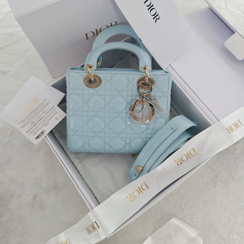 💙迪奧Dior 天藍色四格戴妃手提包斜挎包 金扣