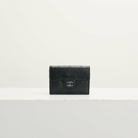 二手Chanel mini 三折短夾/黑銀羊