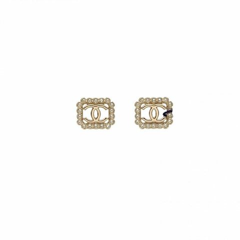 CHANEL 合金水鑽23K方形雙C耳環