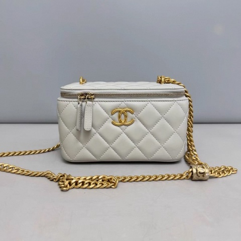 Chanel香奈兒 灰金全皮菱格金柱調節扣化妝包  芯片款