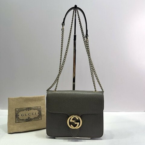 GUCCI 灰色牛皮風琴鏈帶包