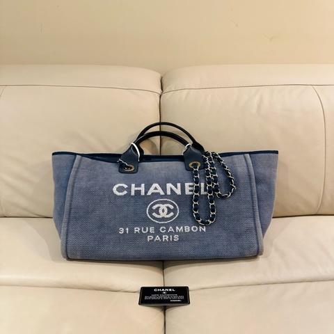 Chanel 香奈兒 深藍沙灘包/托特包/復古牛仔布/中號/保卡款/96新美品