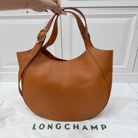 《仙闆名牌精品》LONGCHAMP Le Foulonne XL 琥珀棕色 荔紋牛皮 半月 手提包 肩背包
