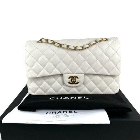 △ CHANEL 香奈兒 White Caviar Skin CF25 Gold Tone Metal Classic Double Flap Chain Shoulder Bag 白色粒紋小牛皮CF25金色金屬鎖鏈肩背包-267011269