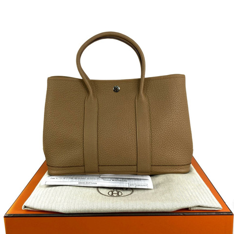 △ HERMES 愛馬仕 4B Biscuit Negonda Calfskin Palladium Plated Metal Garden Party 30 Stamp B Tote Bag 4B餅乾色粒紋小牛皮鍍鈀金屬B刻托特袋-267011707
