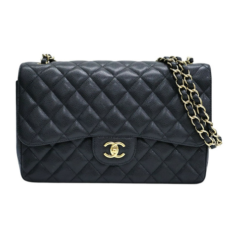 黑色 荔枝紋牛皮 經典大型口蓋包 肩背包 金釦【CHANEL 香奈兒】 A58600