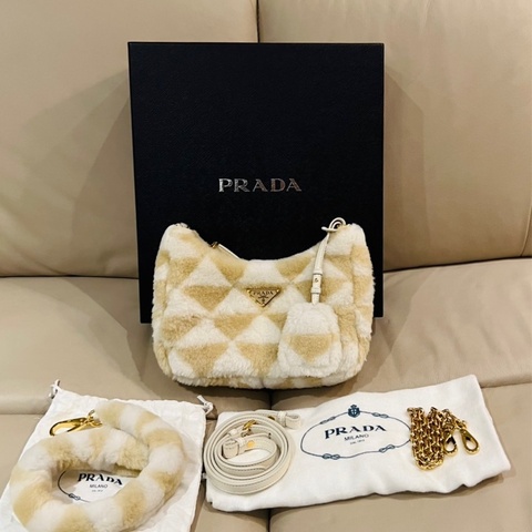 Prada 普拉達 羊絨皮拼接圖案手袋/米白色/肩背包/腋下包/全新閒置美品