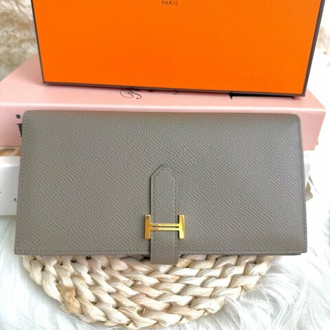 Hermès BEARN 錢包 大象灰 Epsom 中號 金扣