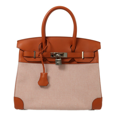 HERMES Toile Quadrille帆布Birkin 30手挽袋Terre Battue