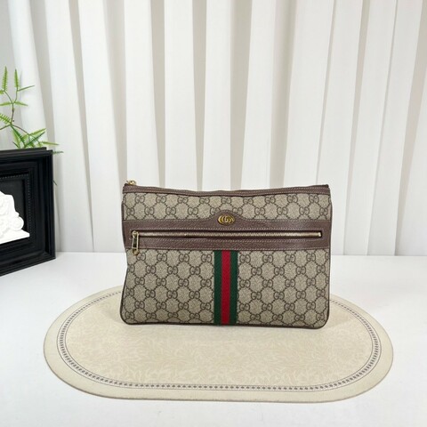 GUCCI古馳 Ophidia Logo條紋織帶 帆布拼皮 手拿包