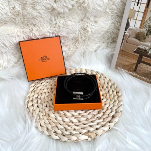 Hermès 黑銀 小牛皮編織雙環手繩
