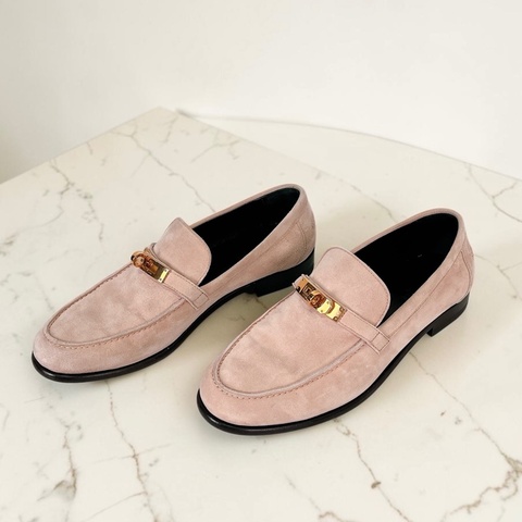 莉亞精品♡Hermes Kelly 釦嫩粉麂皮樂福鞋 #38 二手