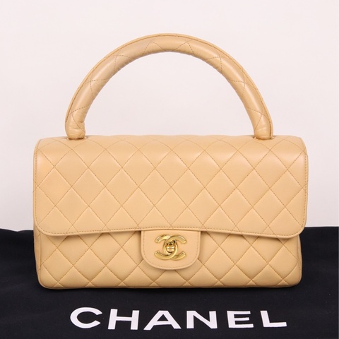 Chanel 2开米黄色菱格纹书包扣kellyhandle手提包