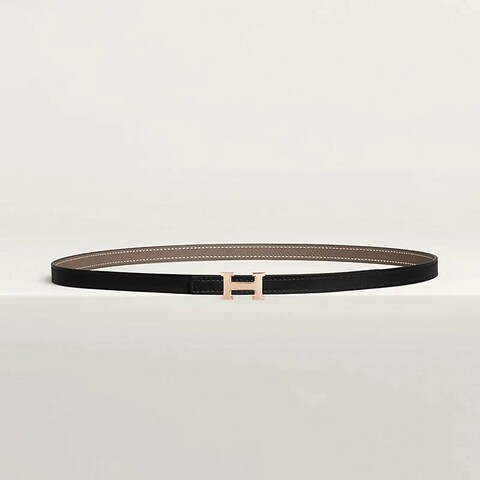 全新💯 愛馬仕 黑/大象灰 13mm雙面皮帶 75cm 玫瑰金釦