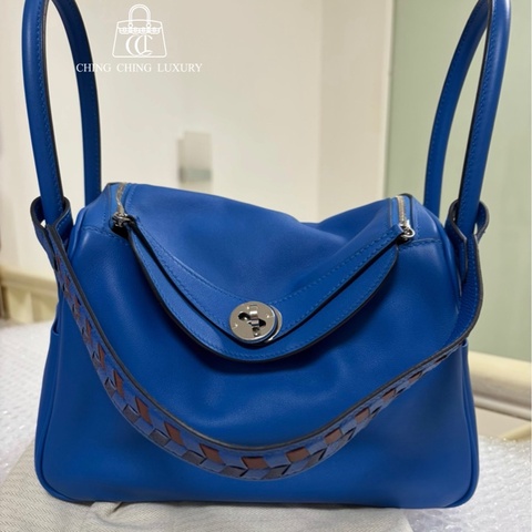 🌈Hermes💙Lindy 26💙琉璃藍色拼編織帶🌈99新🌟Swift皮🌟lindy26🌟lindy🌟愛馬仕🌟