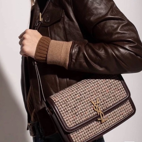 YSL 深棕色金扣粗花呢豆腐包 23*16*5.5 95新 配件塵袋