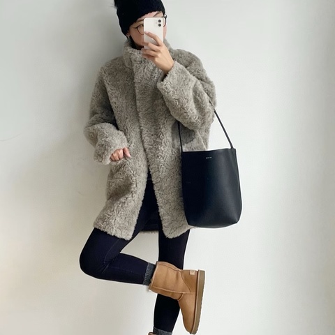the row park tote bag 黑色小號牛皮水桶