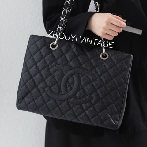 💎Chanel香奈兒｜黑銀荔枝牛皮GST Tote｜99新全配