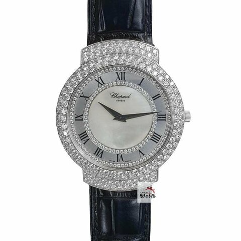 【大眾名錶】CHOPARD 蕭邦 16/3154 大錶徑 18K白金 後加鑽石錶圈 共約5克拉 鑽石貝殼羅馬面盤 G132