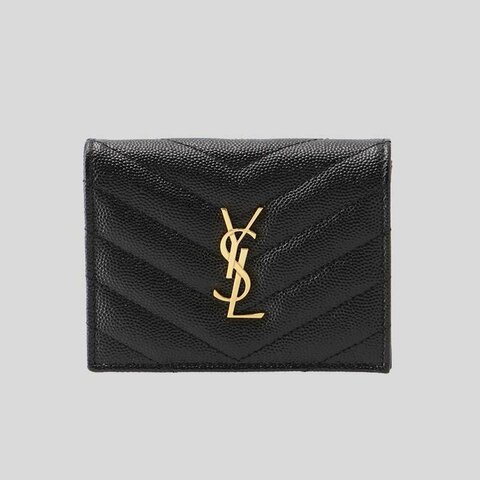 【YSL】專櫃經典款MONOGRAM系列V字縫線魚子醬牛皮金屬LOGO對開短夾/手拿包(金色金屬)
