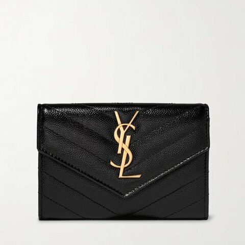 【YSL】專櫃經典款MONOGRAM系列V字縫線魚子醬牛皮金屬LOGO暗釦零錢包/手拿包(金色金屬)