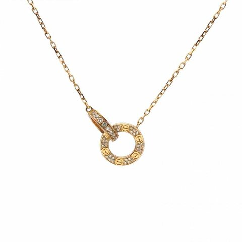 CARTIER LOVE雙環滿鑽項鏈餅環組合18K玫瑰金/鑽石