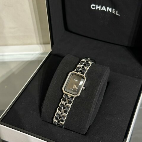 CHANEL 經典Premiers Rock皮穿鍊方糖腕錶 - S黑銀