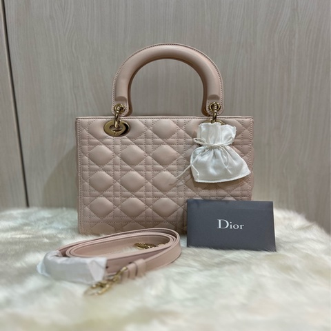 Dior 五格 嫩粉色 金釦 黛妃包（吊飾有原膜、附samorga內膽包）
