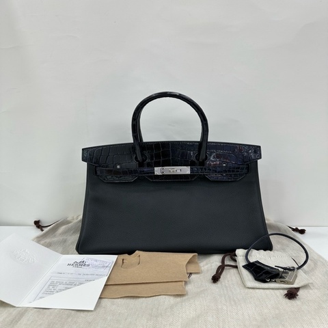 Hermes愛馬仕birkin30 Touch 兩點鱷魚 黑銀拼深海藍 TN皮 銀扣 D刻 閒置有購證