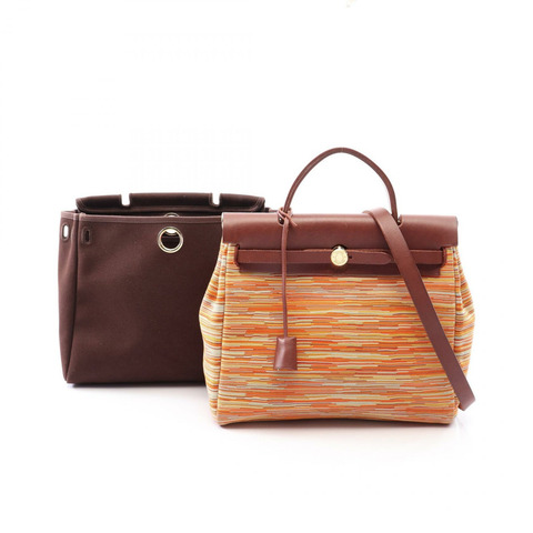愛馬仕 Herbag PM 單肩手提包 F Toile officier Vibrato 棕色 GHW 二手
