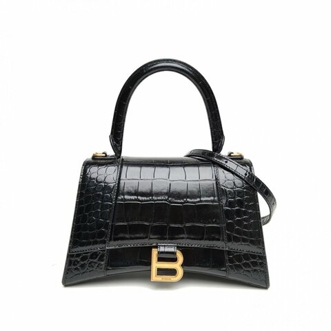 BALENCIAGA Hourglass沙漏S碼鱷魚壓紋黑色牛皮肩背包