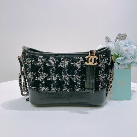TW4892 Chanel 香奈兒 黑色限量編織流浪包 小號 毛呢千鳥Gabrielle Small Chain Bag Tweed Black x Sliver