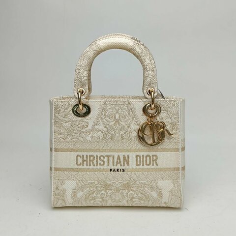 DIOR LadyD-Lite戴妃包中號帆布印花刺繡白金肩背包